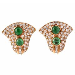 Cabochon Emerald Diamond Gold Clip On Earrings 3