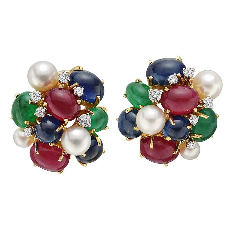 Seaman Schepps Ruby Sapphire Emerald Gold "Bubble" Earclips