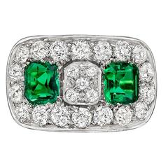 Twin Emerald Diamond Gold Platinum Dress Ring