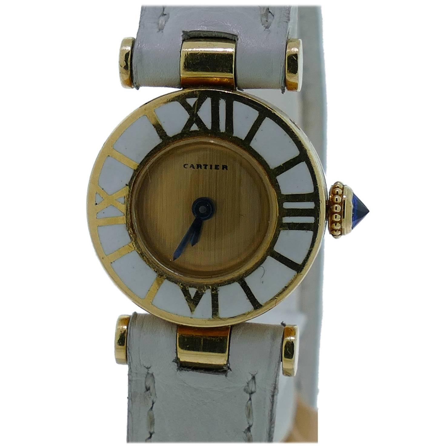 Vintage Ladies Cartier 18k Yellow Gold Enamel Watch