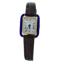 Vintage Early Cartier Ladies Rectangular 18k Yellow Gold Watch w/ Blue Enamel