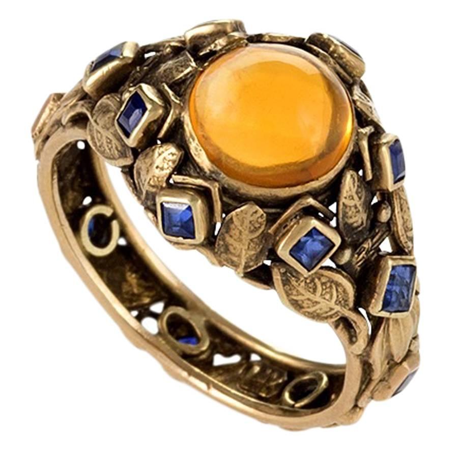 Arts and Crafts Citrine, Sapphire and Gold Ring