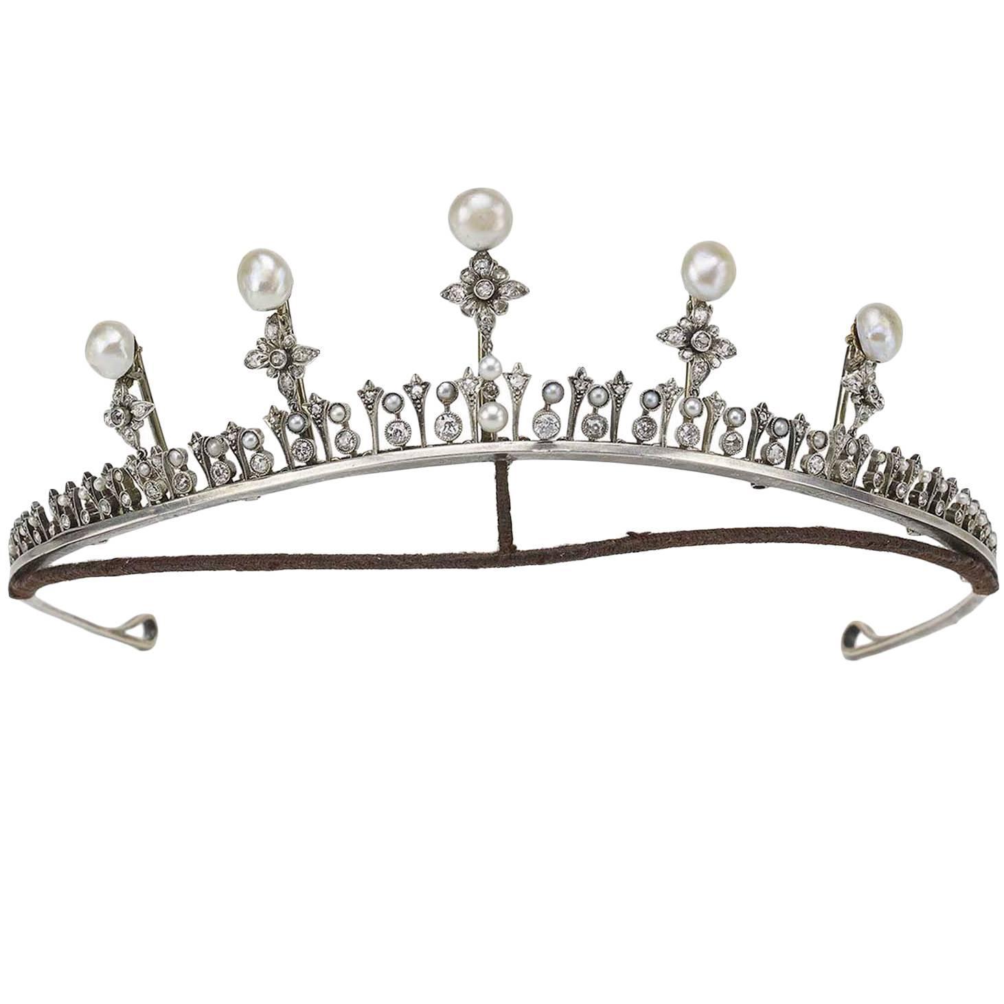 Antique Pearl Diamond Silver Gold Tiara For Sale at 1stdibs