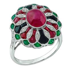 1.76 Carat Cabochon Ruby Emerald Onyx Diamond Gold Ring 1.76 Carat Cabochon Ruby Emerald Onyx Diamond Gold Ring