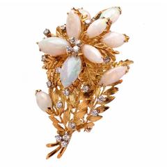 Retro Opal Diamond Gold Floral Spray Pin Brooch