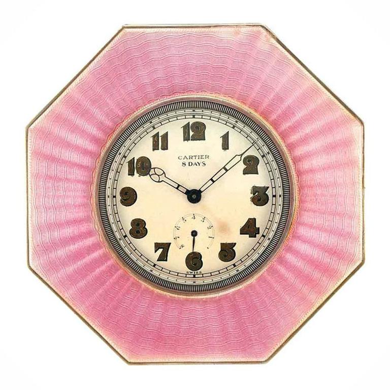 1920s Cartier Sterling Silver and Pink Guilloche Enamel 8-Day Desk Timepiece For Sale