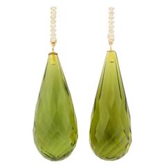 Faceted Green Amber Diamond Gold Earrings