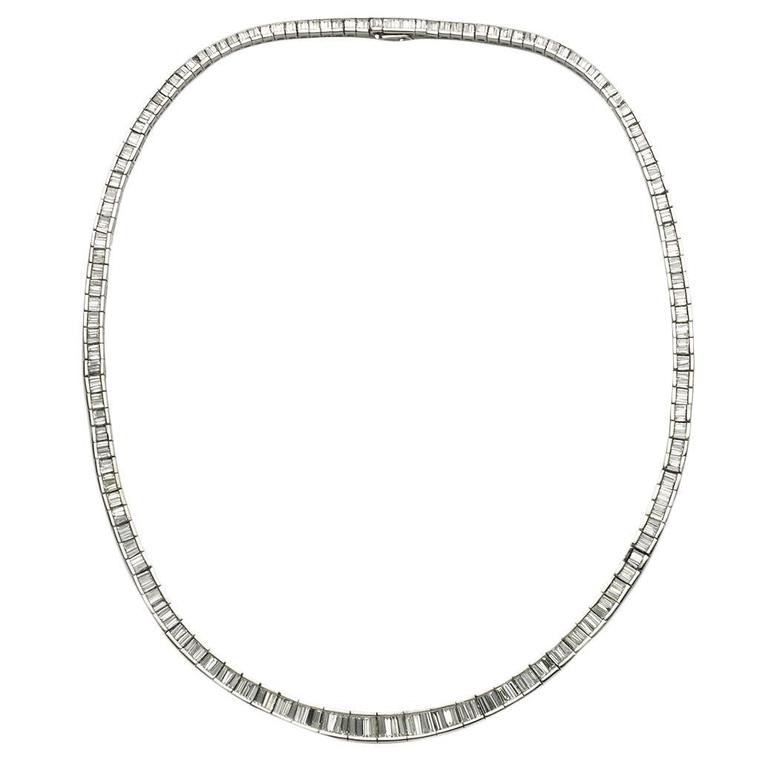 Baguette Diamond Platinum Riviere Necklace For Sale