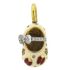 Aaron Basha Enamel Diamond Gold Bow Ladybug Baby Shoe Charm Pendant
