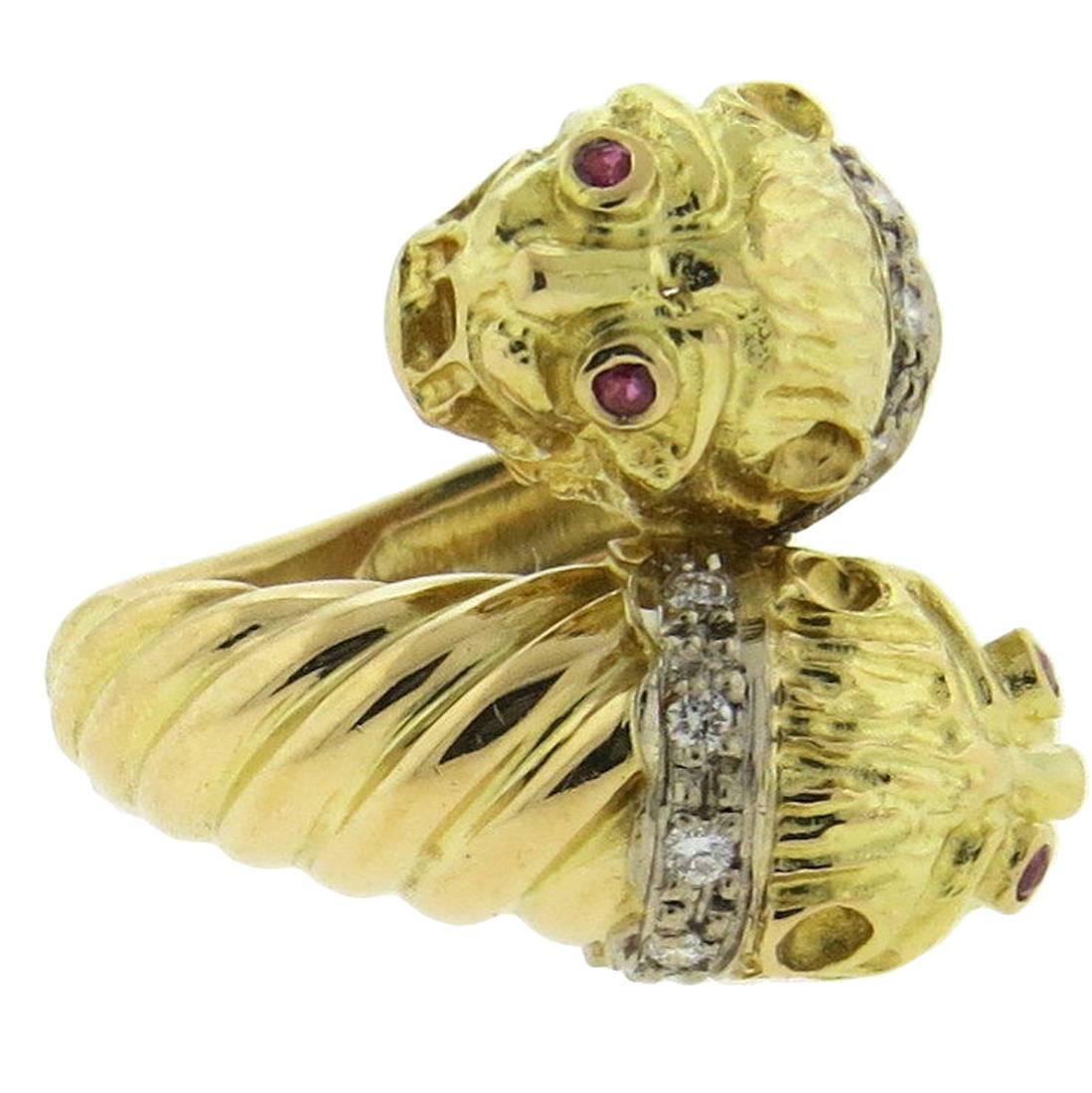 Ilias Lalaounis Greece Ruby Diamond Gold Chimera Bypass Ring