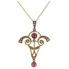 Antique Art Nouveau Pearl Garnet Gold Pendant 9