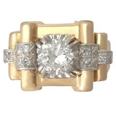 1.18Ct Diamond & 18k Yellow Gold, Platinum Set Dress Ring - Vintage French 6