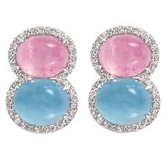 Snowman Pink Tourmaline Aquamarine Diamond Gold Earrings