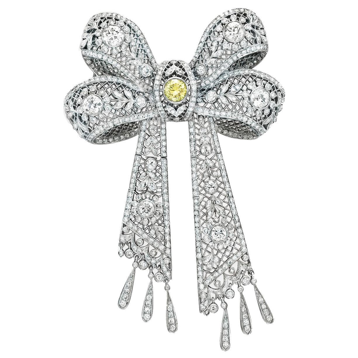 White and Yellow Diamond Bow Brooch For Sale