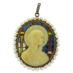 Continental Art Nouveau Plique A Jour Pearl Diamond Gold Madonna Pendant