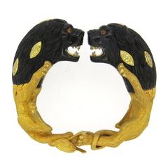 Zadora Massive Custom Carved Obsidian Diamond Gold Lion Bracelet