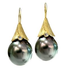 2016 Barbara Heinrich Tahitian Pearl Diamond gold Handmade Artisan Drop Earrings