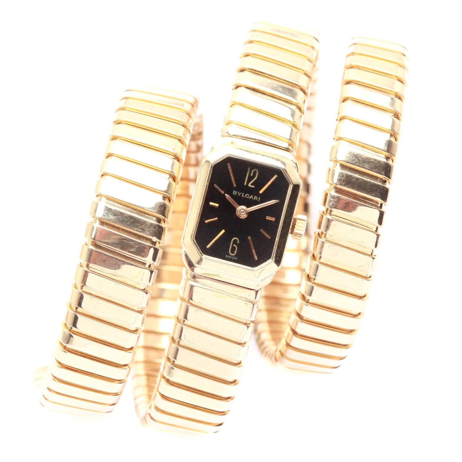 Bulgari Lady's Yellow Gold Black Dial Tubogas Bracelet Wristwatch