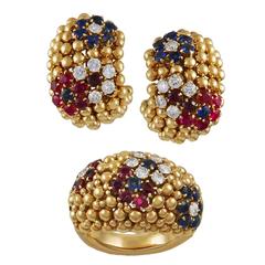 Van Cleef & Arpels "Bagatelle" Ruby Sapphire Diamond Gold Earrings and Ring 1