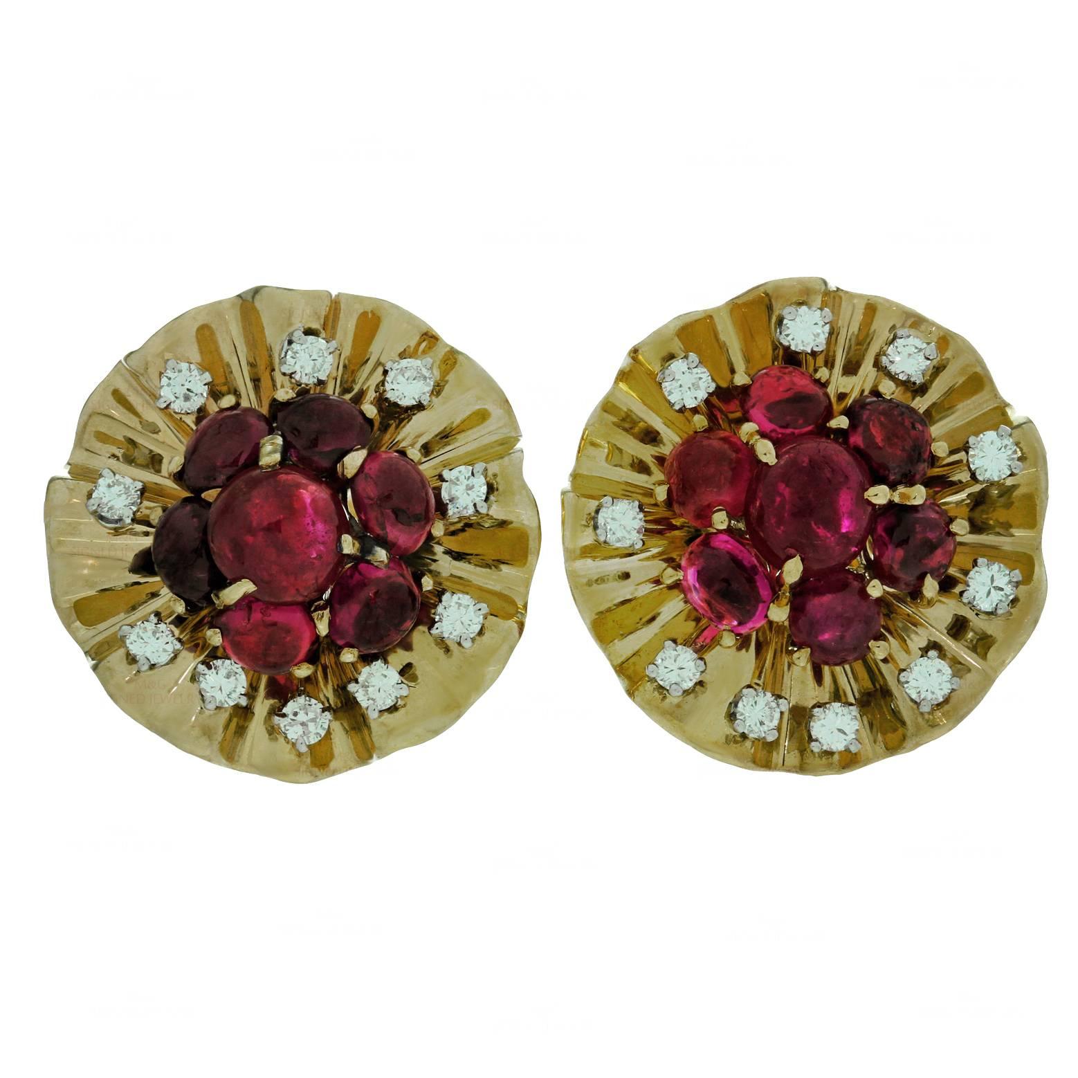1940s Trabert & Hoeffer Mauboussin GiA Cert Ruby Diamond Gold Earrings 