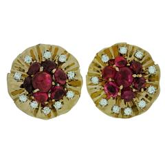 1940s Trabert & Hoeffer Mauboussin GiA Cert Ruby Diamond Gold Earrings 