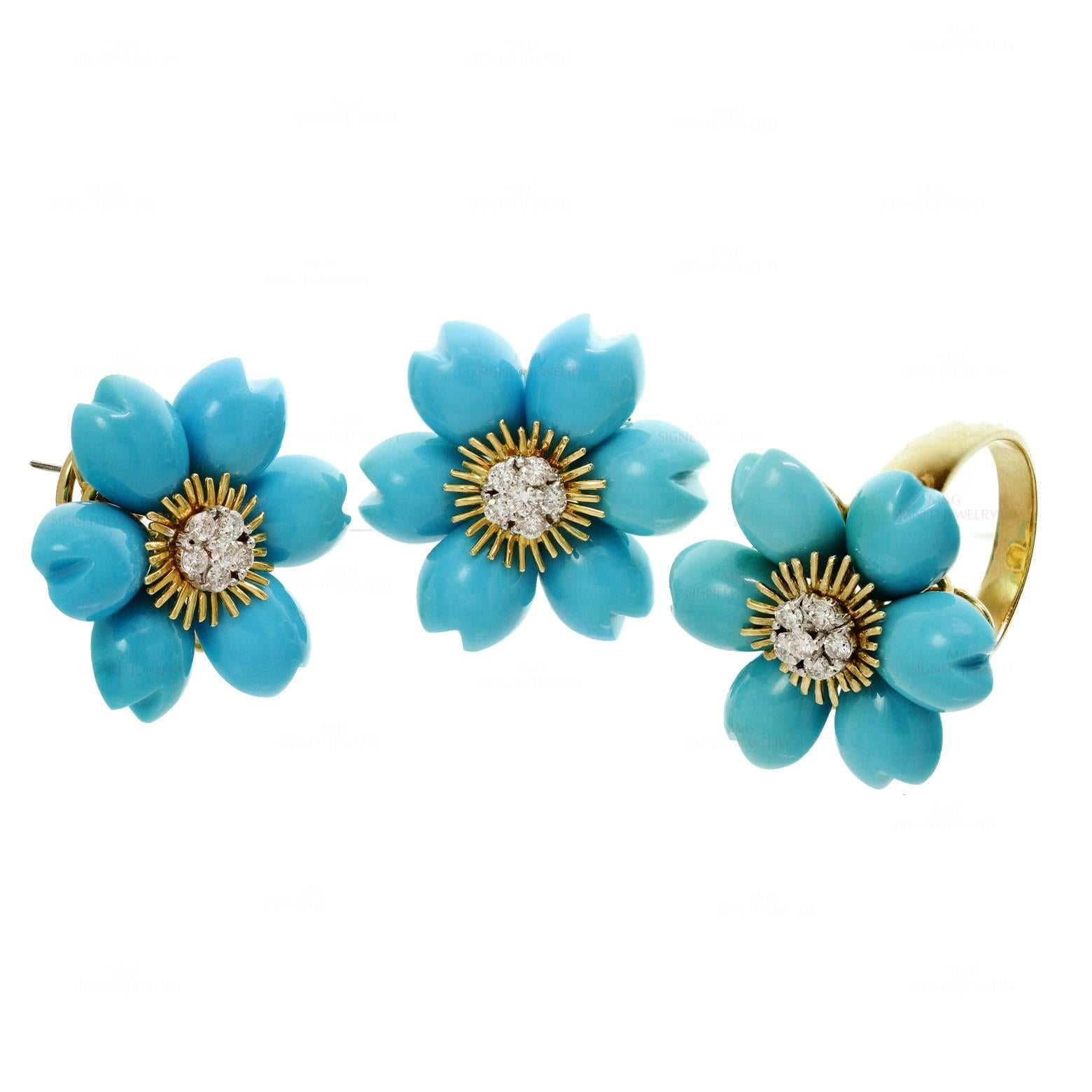 Flower Petal Turquoise Diamond Gold Demi Parure Earrings and Ring