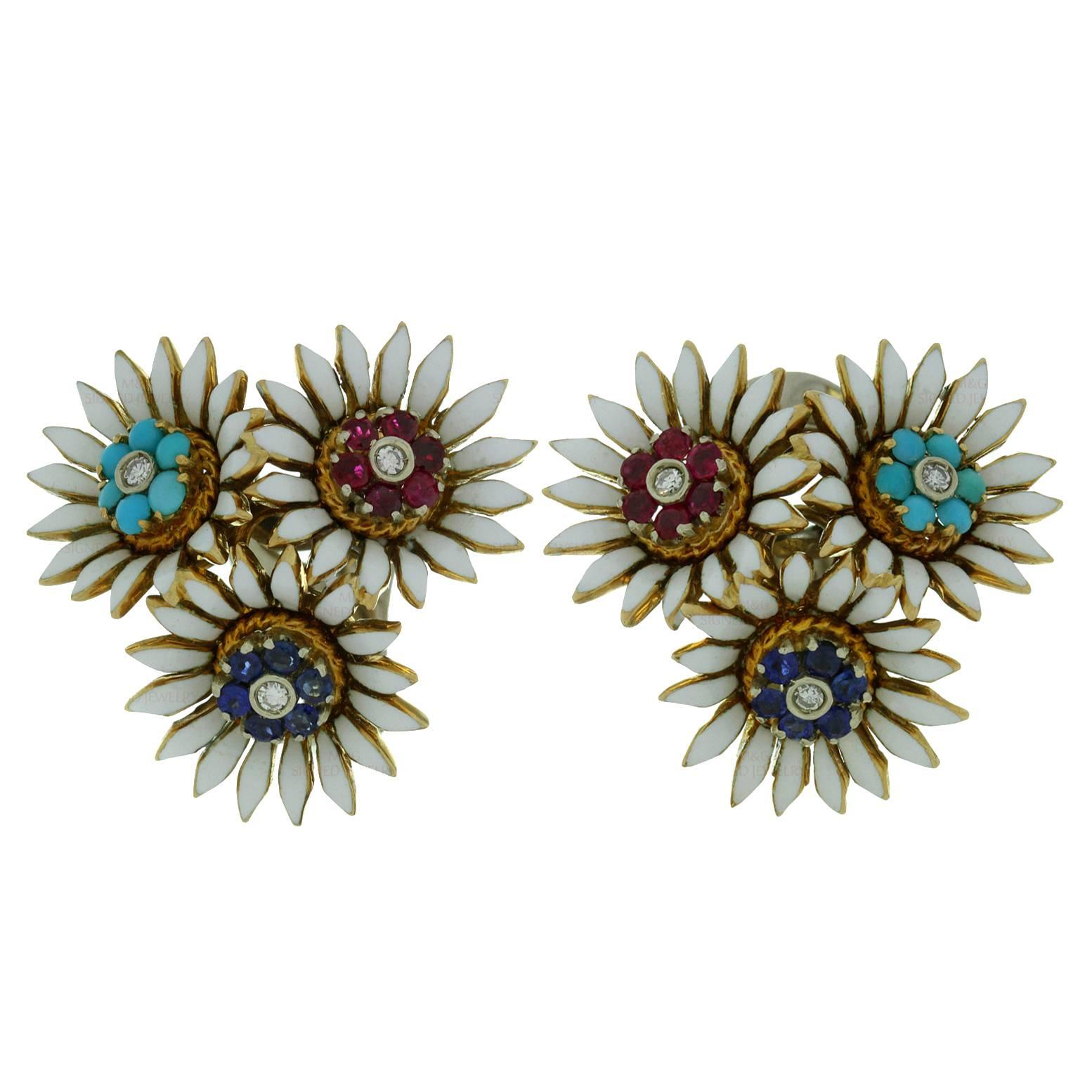 1940s Italian Multicolor Gemstone Enamel Diamond Gold Flower Earrings For Sale