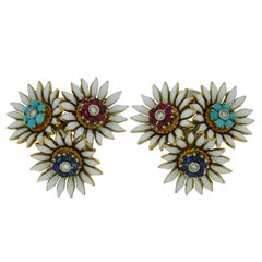 Vintage 1940s Italian Multicolor Gemstone Enamel Diamond Gold Flower Earrings