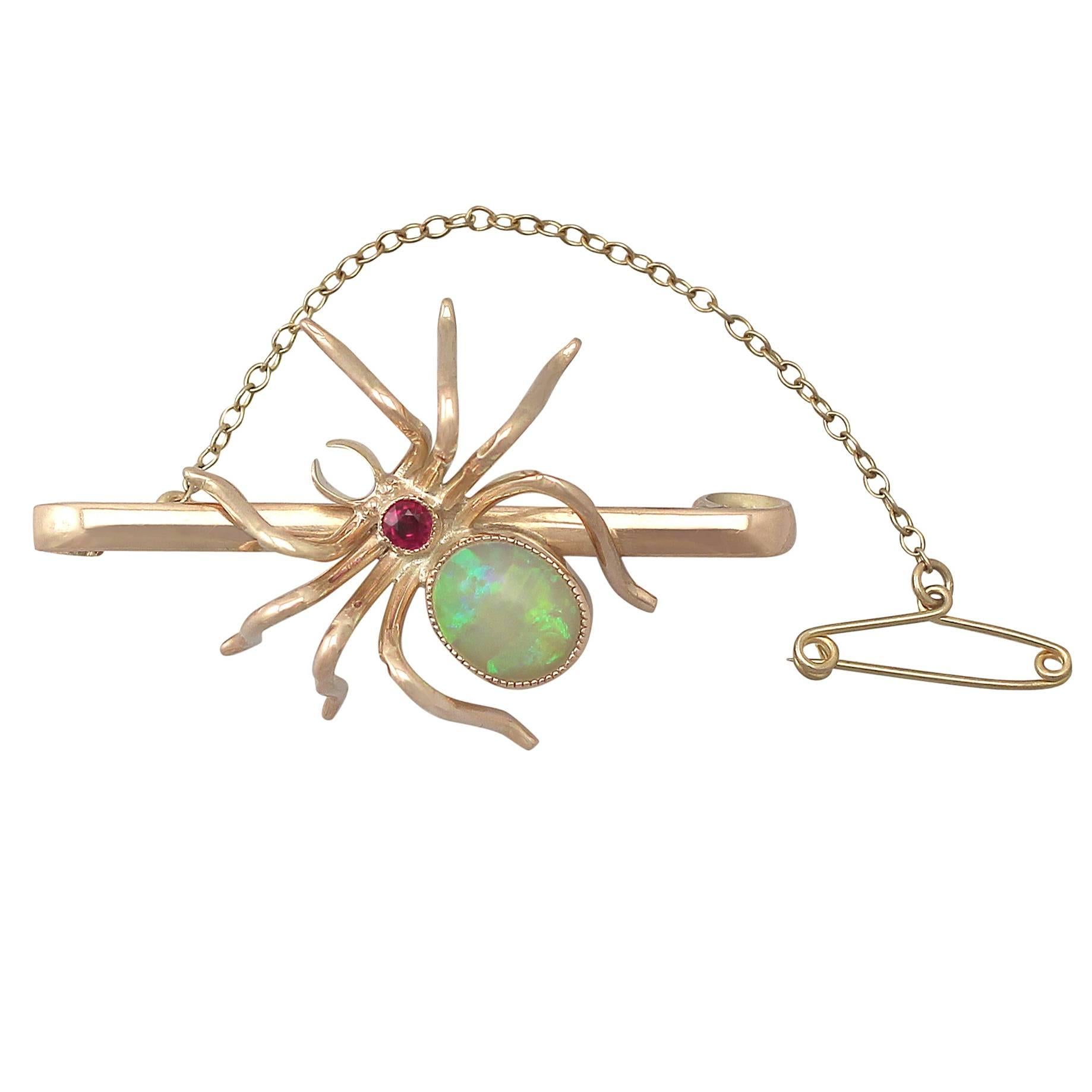 1.22Ct Opal & 0.10Ct Ruby, 9k Yellow Gold 'Spider' Brooch - Antique Circa 1900