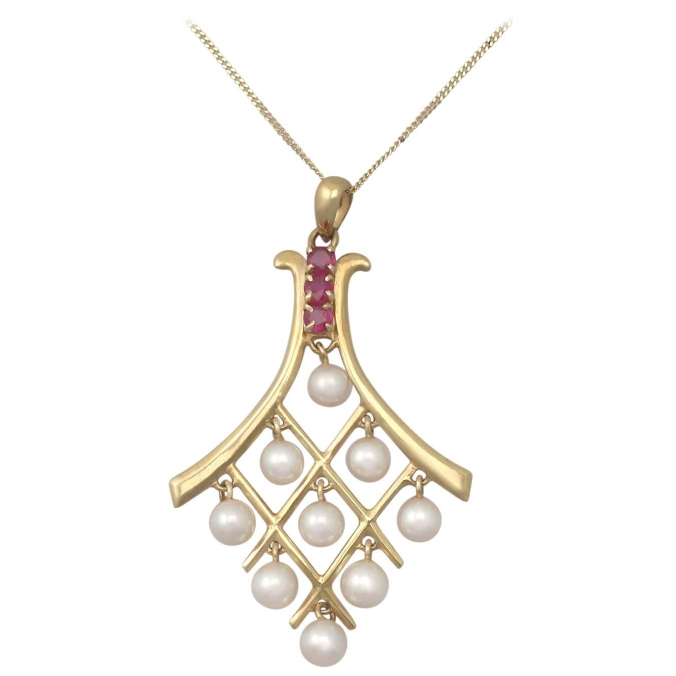 0.15Ct Ruby and Pearl, 18k Yellow Gold Pendant - Vintage Circa 1990