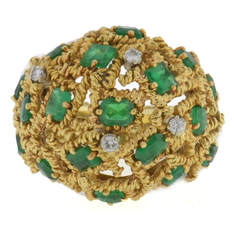 Mid Century Modernist Emerald Diamond Gold Dome Ring For Sale