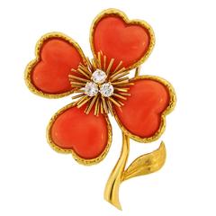 1950s Van Cleef & Arpels Coral Diamond Gold Clover Clip Pin Brooch 9