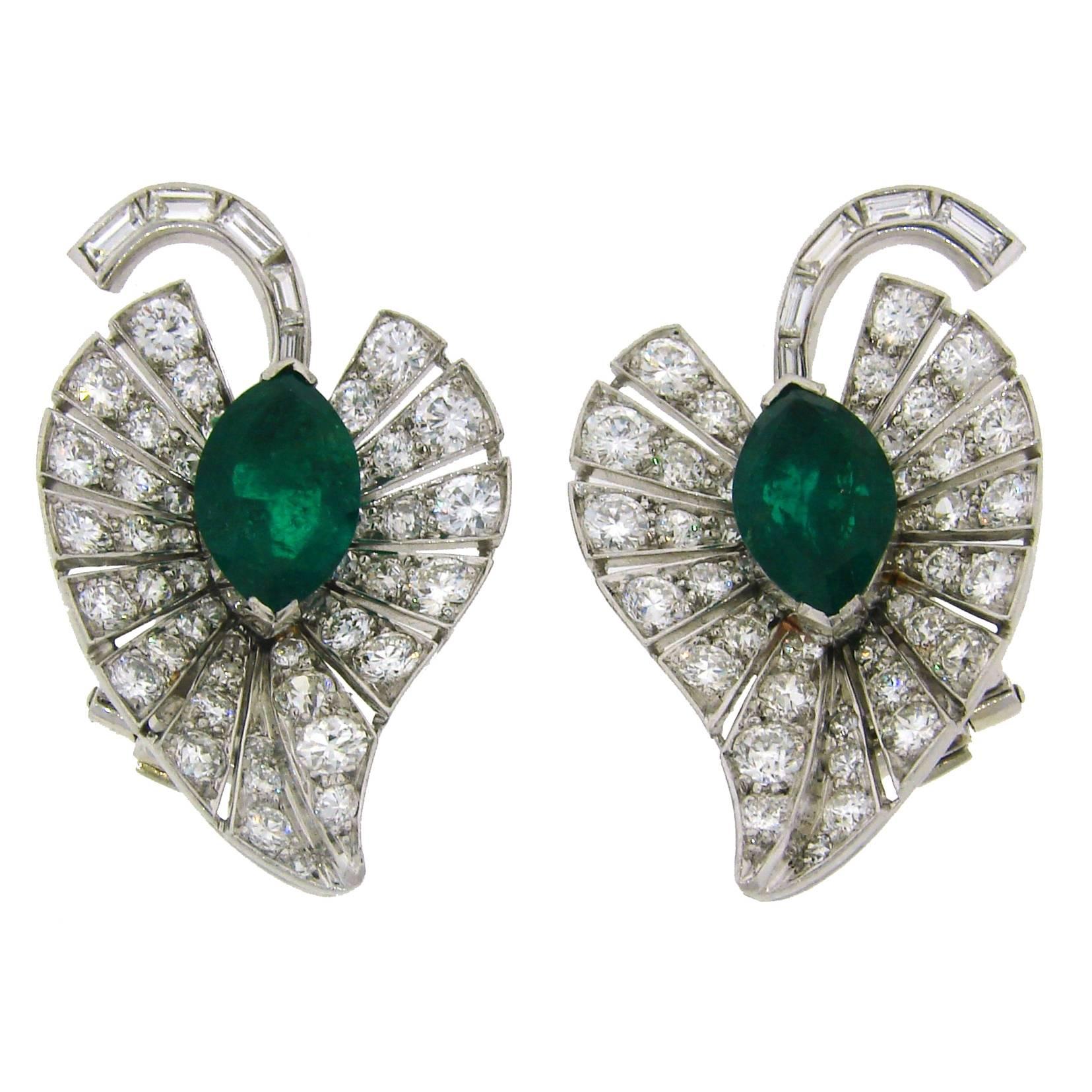 1960s Emerald Diamond Platinum Clip-on Earrings