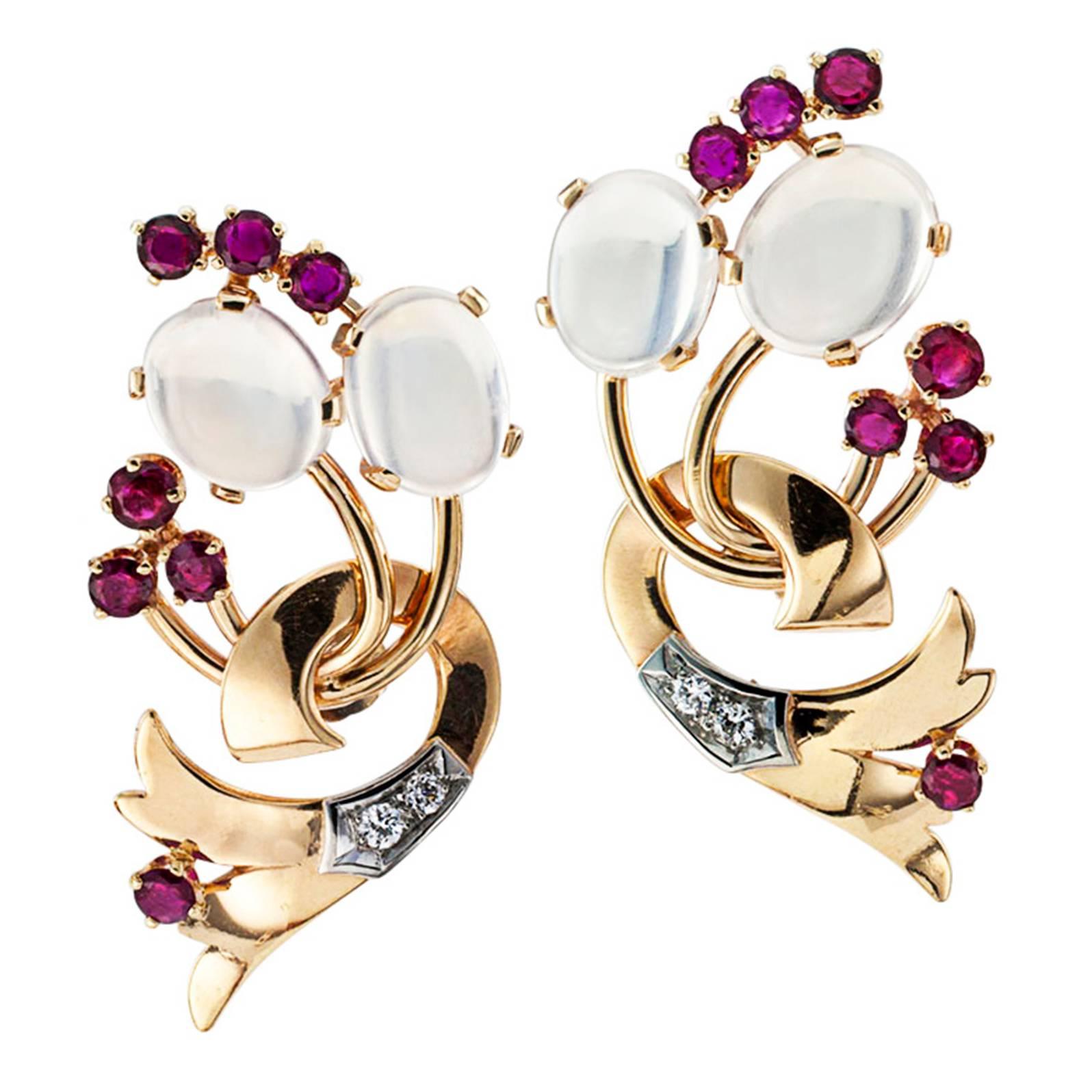1940s Moonstone Ruby Diamond Gold Retro Earrings