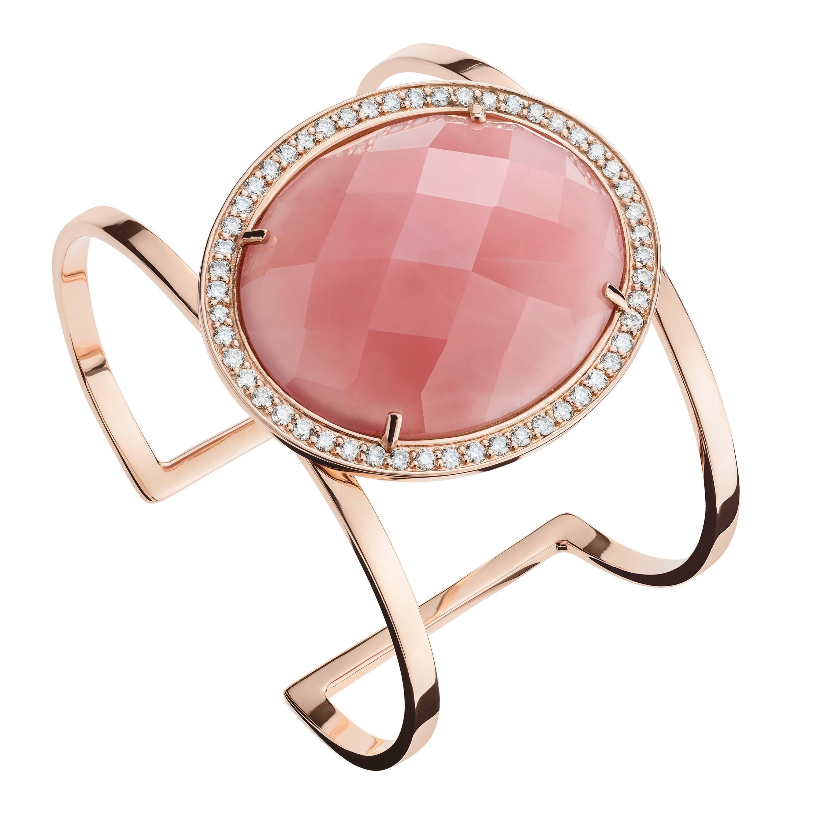 Jansi Pink Quartz Diamonds Gold Cuff Bracelet For Sale