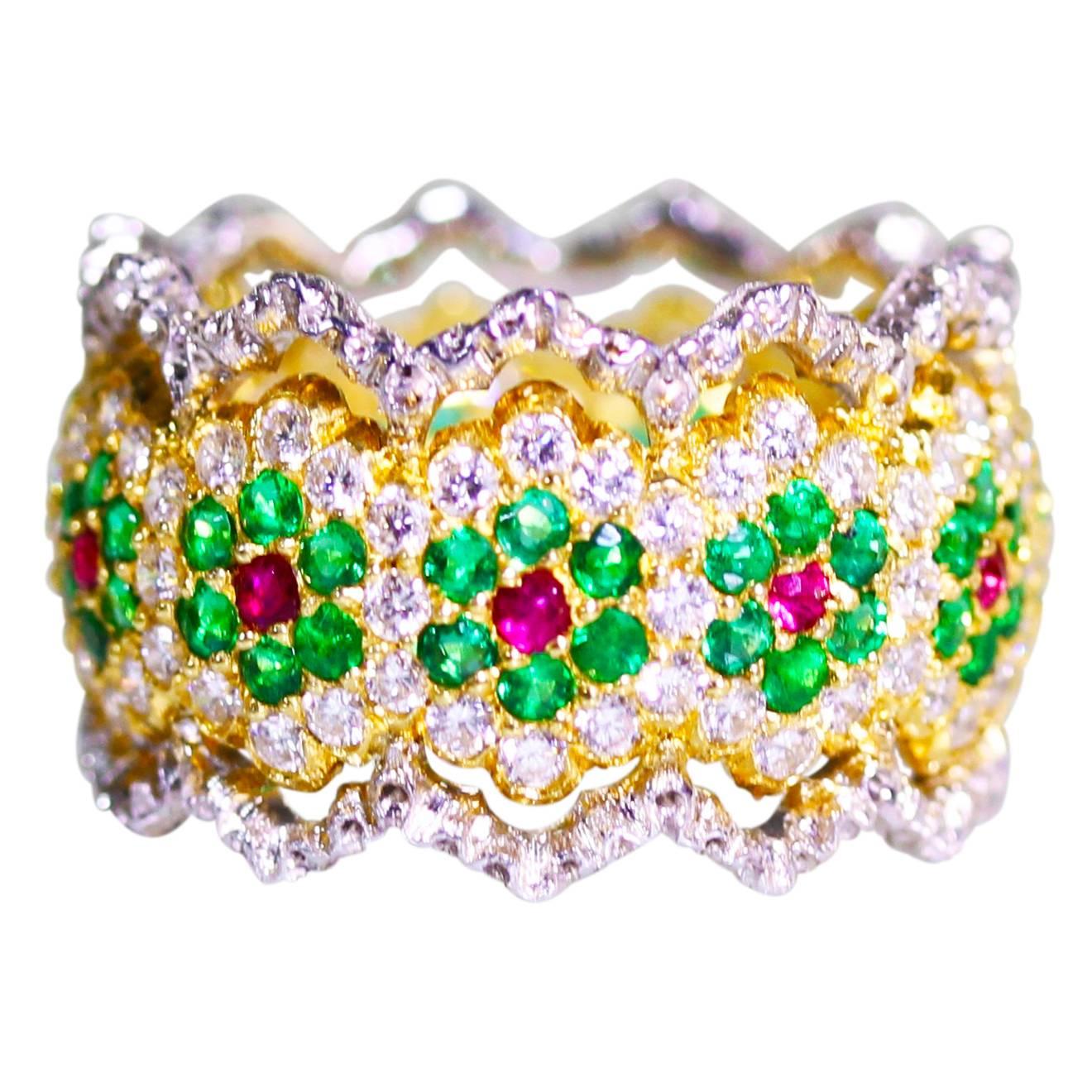 Buccellati Limited Edition Emerald Ruby Diamond Gold Band Ring