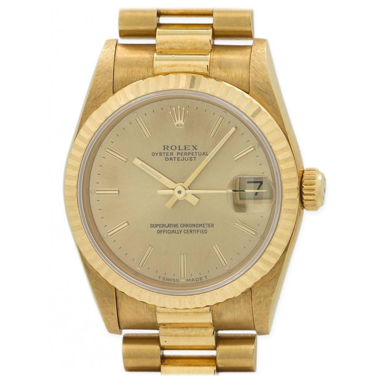 Rolex Yellow Gold Midsize Datejust  President Wristwatch Ref 68278 circa 1987