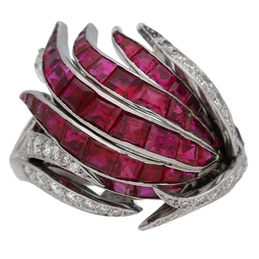 1950 French Ruby Diamond Platinum Ring  For Sale