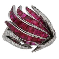 1950 French Ruby Diamond Platinum Ring 