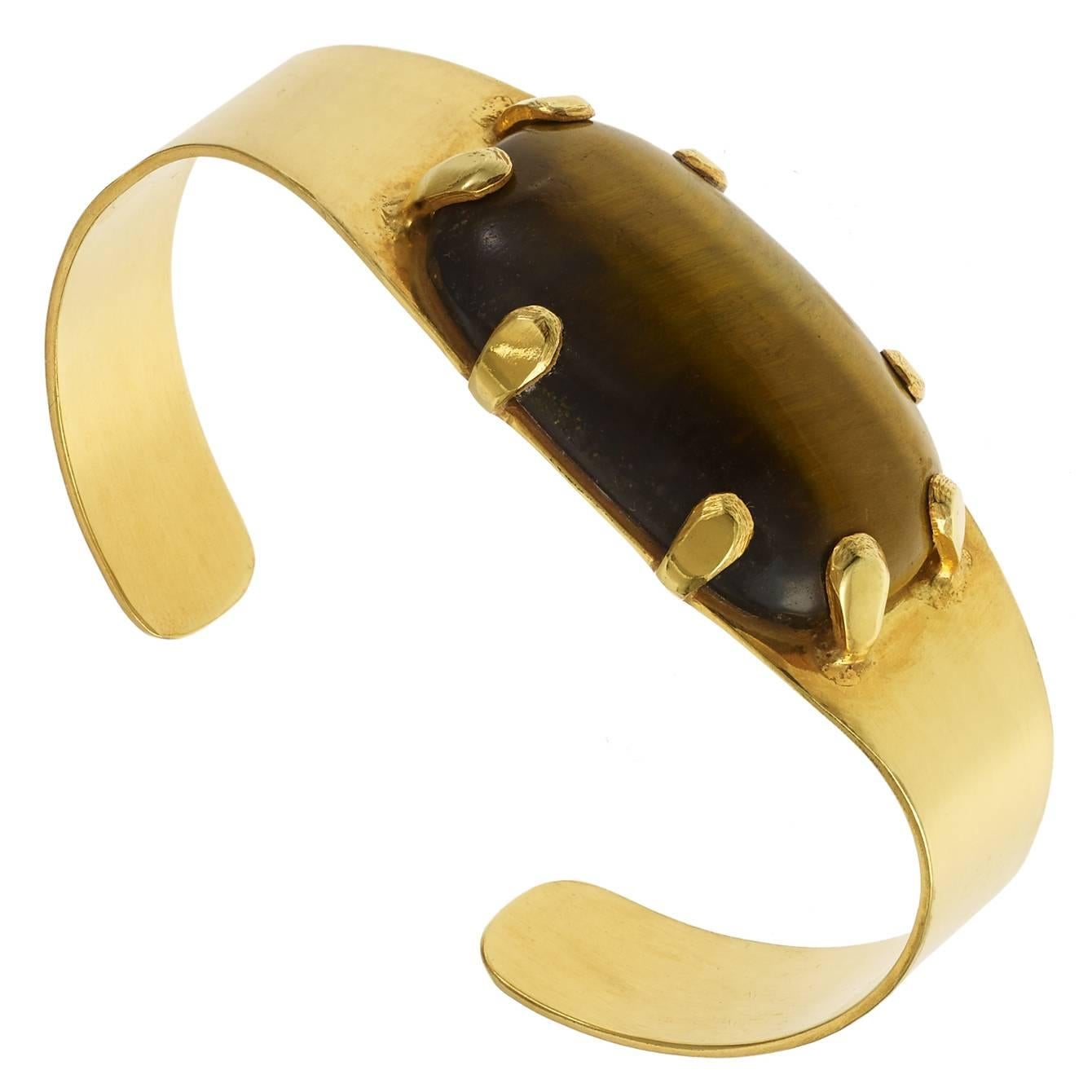 Pippa Small Ramz Tiger's Eye Gold Plate Artisan Cuff Bracelet For Sale