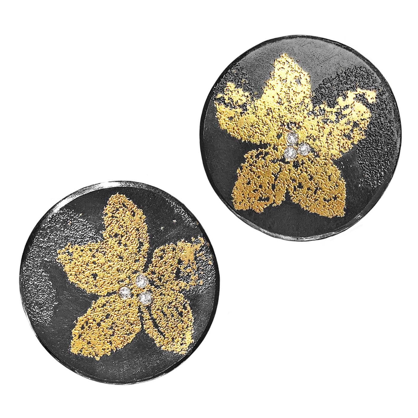 2015 Atelier Zobel Germany Diamond Gold Petal Post and Clip Earrings