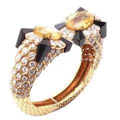 Vintage Superb 1970s Fred Paris  Onyx Sapphire Diamond Gold Cuff Bracelet