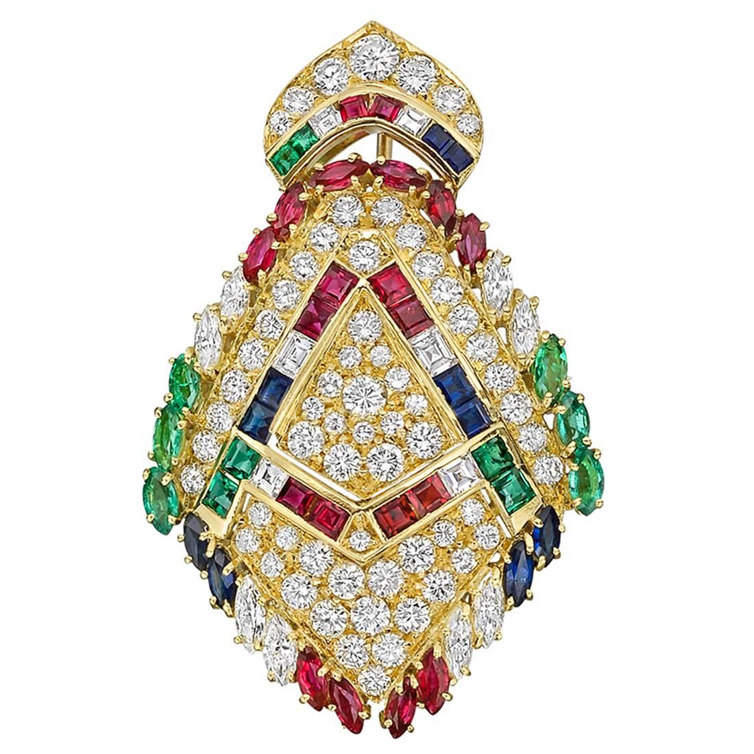 Multicolored Gemstone Diamond Gold Brooch
