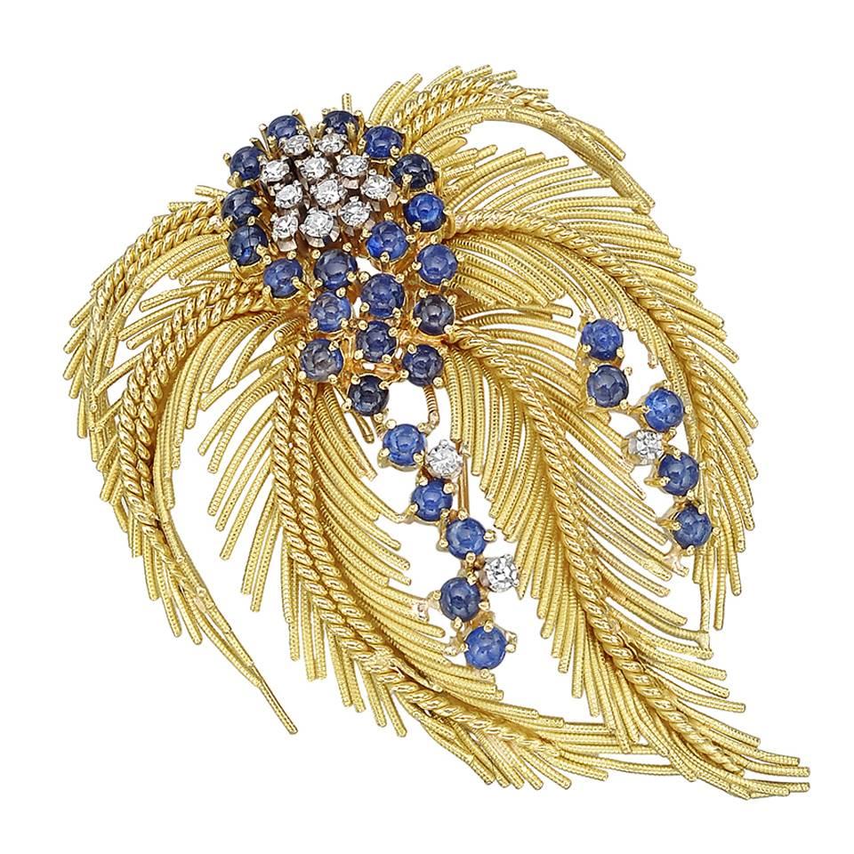 Sapphire Diamond Gold Feather Brooch