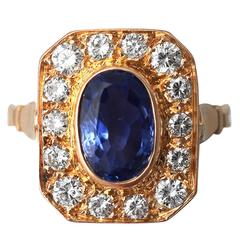 1950s French 2.25 Carat Sapphire and 0.75 Carat Diamond, 18k Yellow Gold Ring
