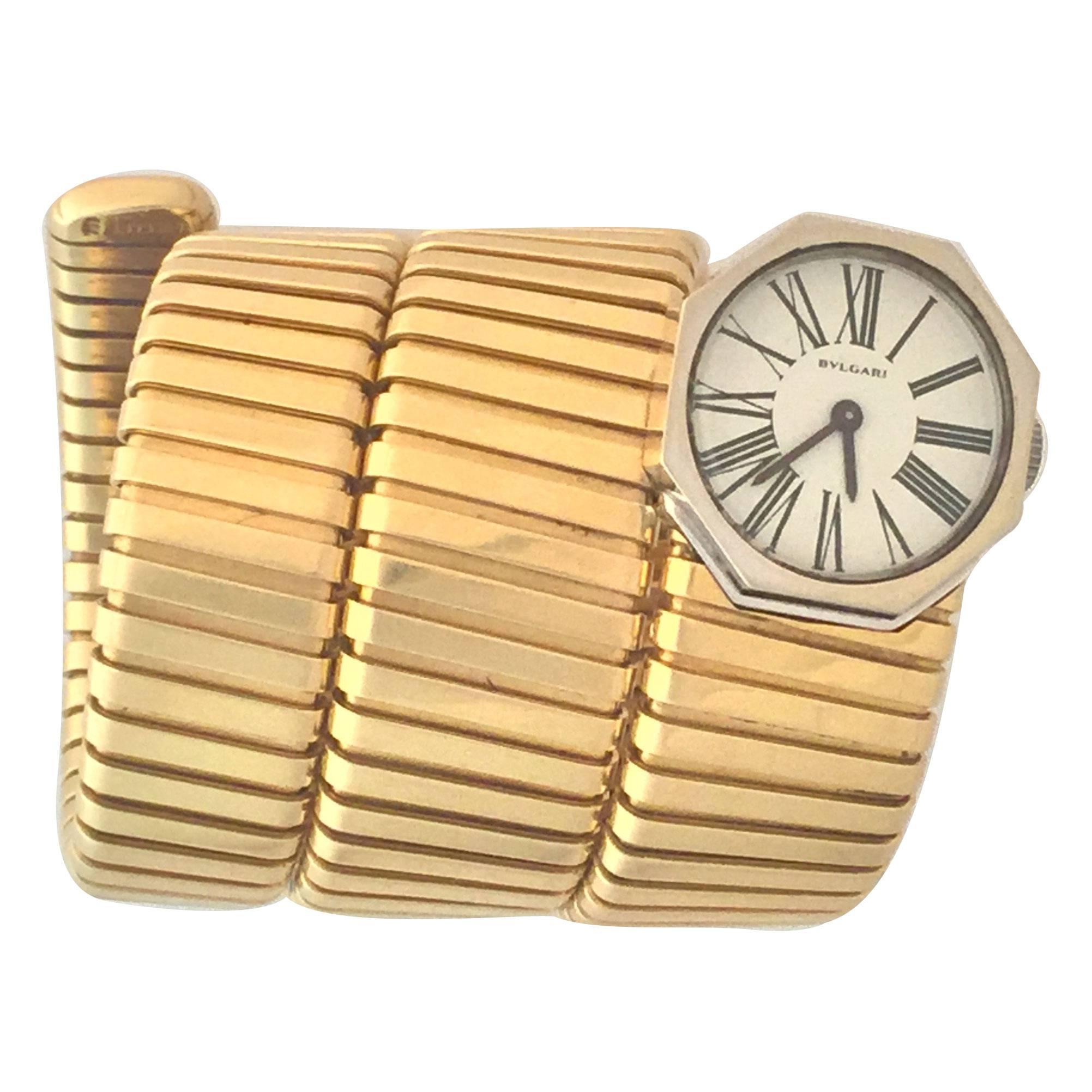 Bulgari Lady's Yellow and White Gold Tubogas Bracelet Wristwatch For Sale