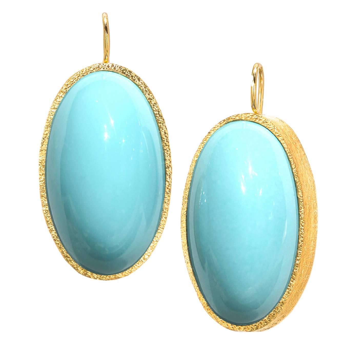 2016 Devta Doolan Oval Persian Turquoise Cabochon Gold Handmade Drop Earrings