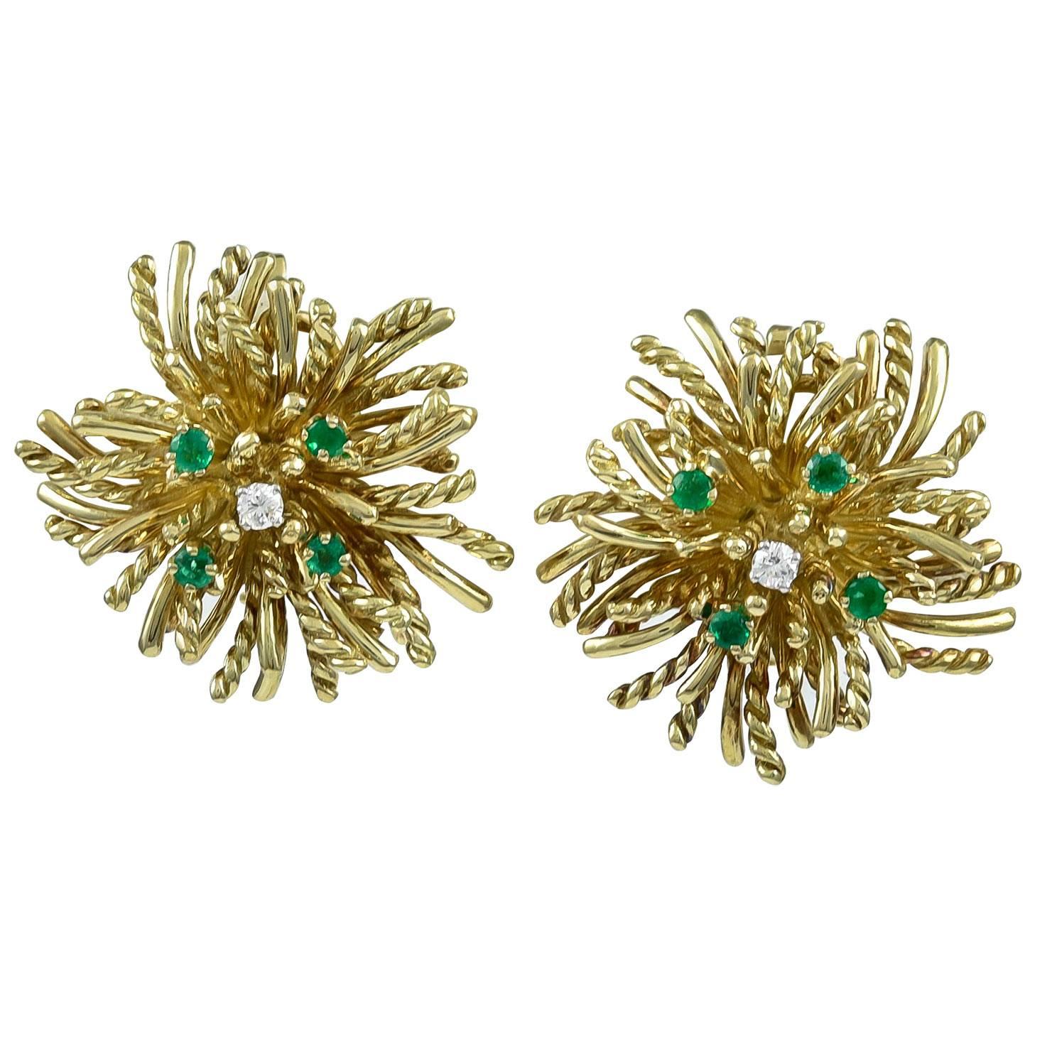 TIFFANY & CO. Anemone Emerald and Diamond Gold Ear Clips For Sale
