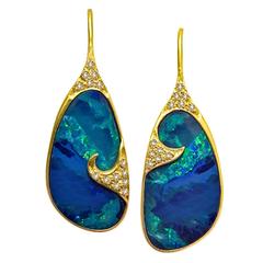 Lauren Harper Green Blue Boulder Opal White Diamond Gold Drop Earrings