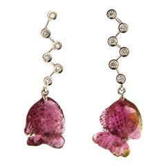 Jona Pink Tourmaline Fish Gold Diamond Dangle Earrings 11